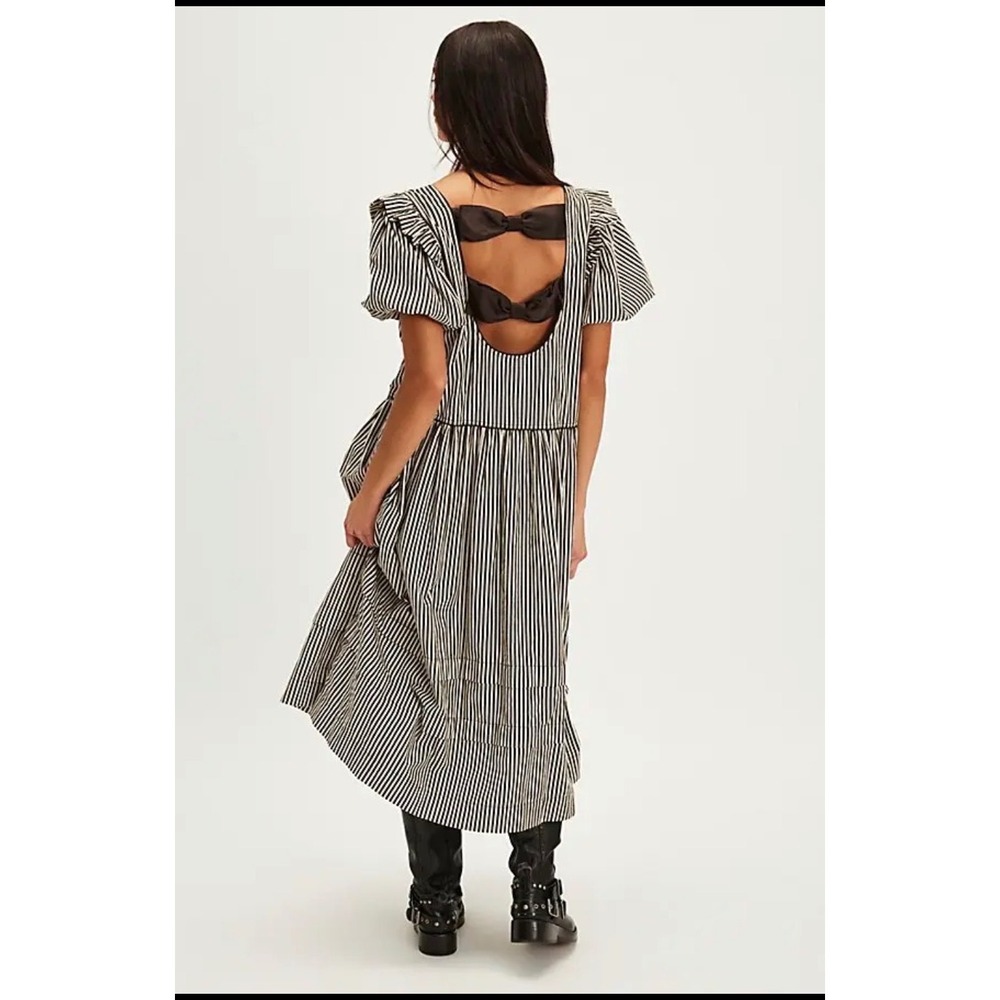 Free People Collier Cord Midi Dress Striped Drop Waist Puff Sleeve Bow Back - Picture 3 of 9